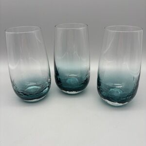 Pier 1 Tall Crackle Glass Tumbler Teal‎ Blue Aqua Ombré Set Of 3